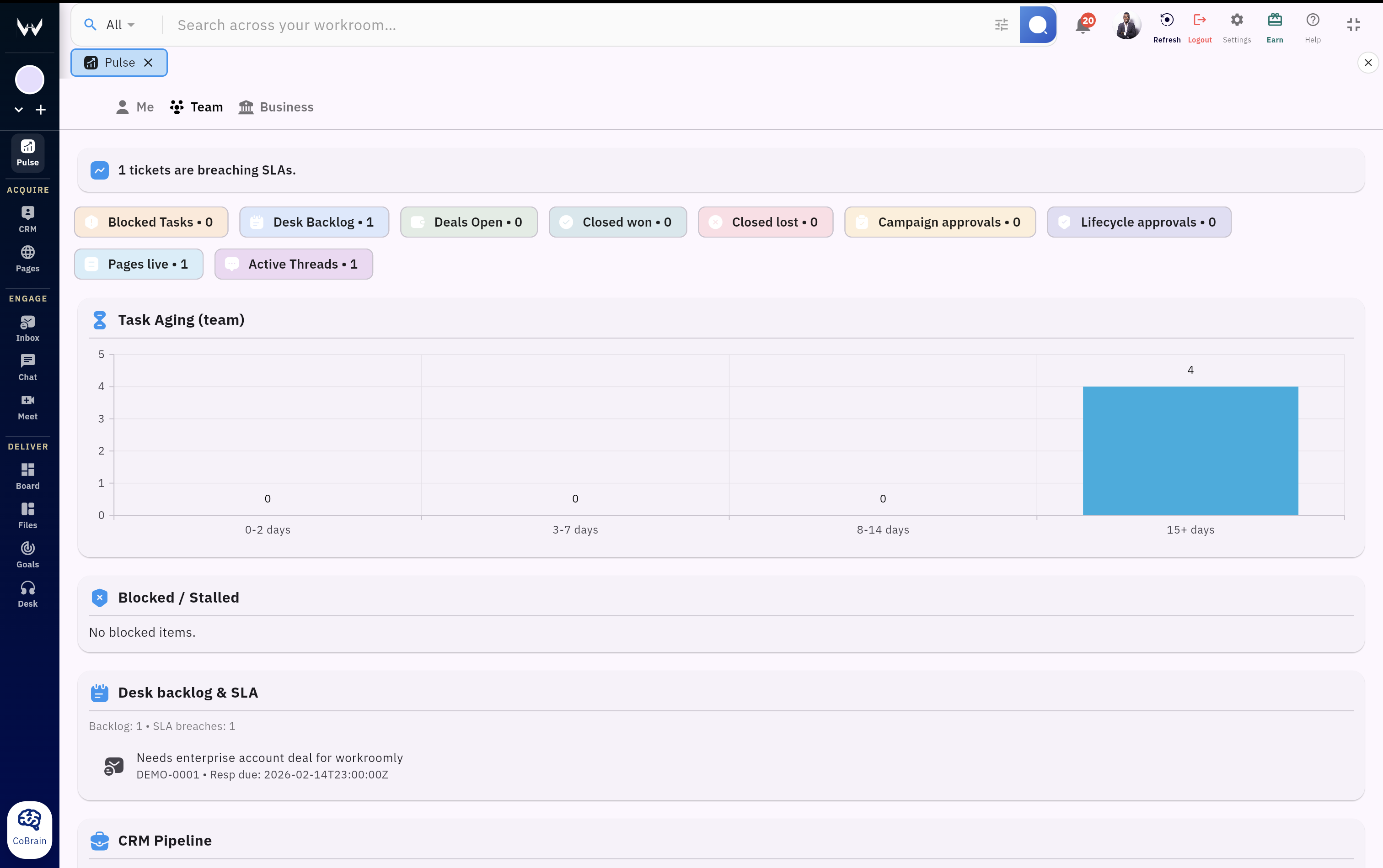 Workroomly Pulse personal priority view with AI summary, tasks, meetings, unread messages, and CRM signals