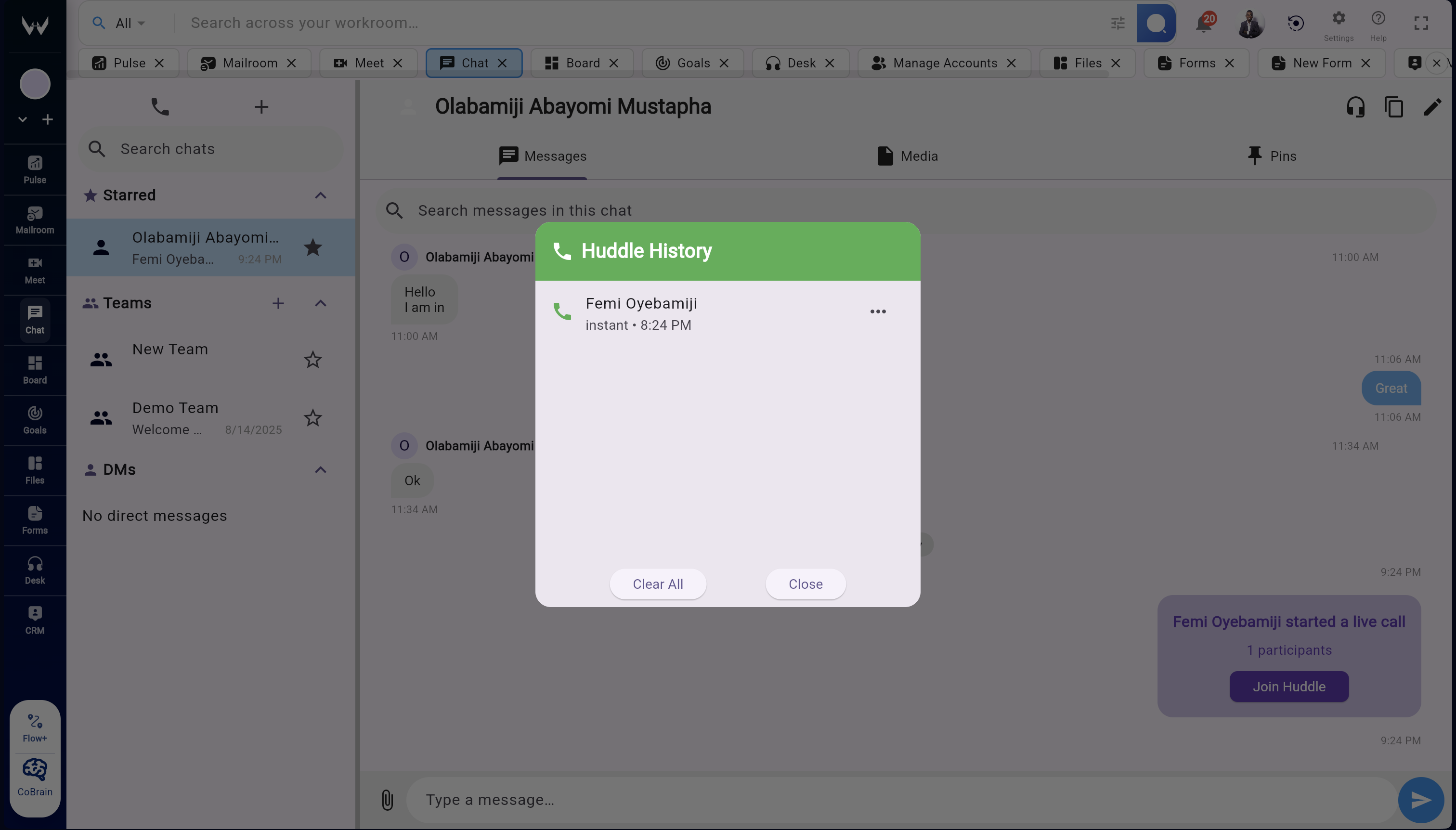 Cross-team communication updates tied to activity context in Workroomly