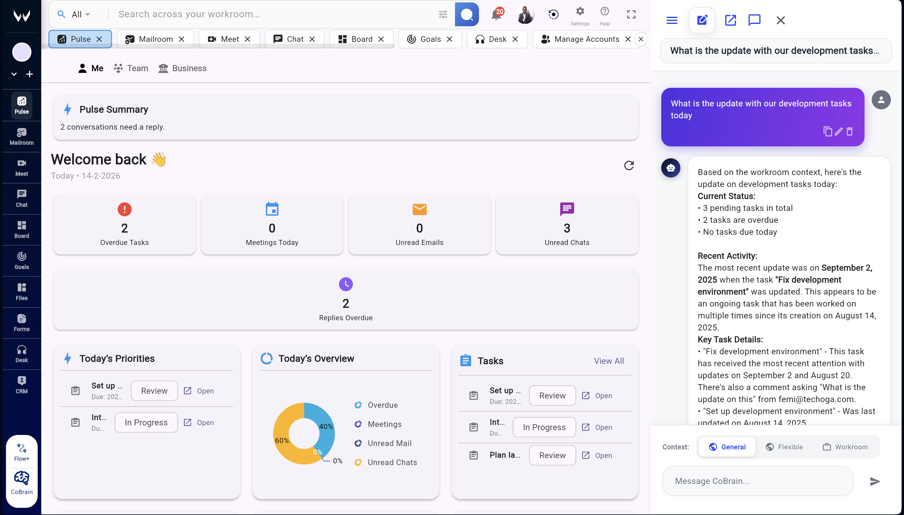 Cobrain synthesizing workspace conversations, project updates, and records into one contextual answer
