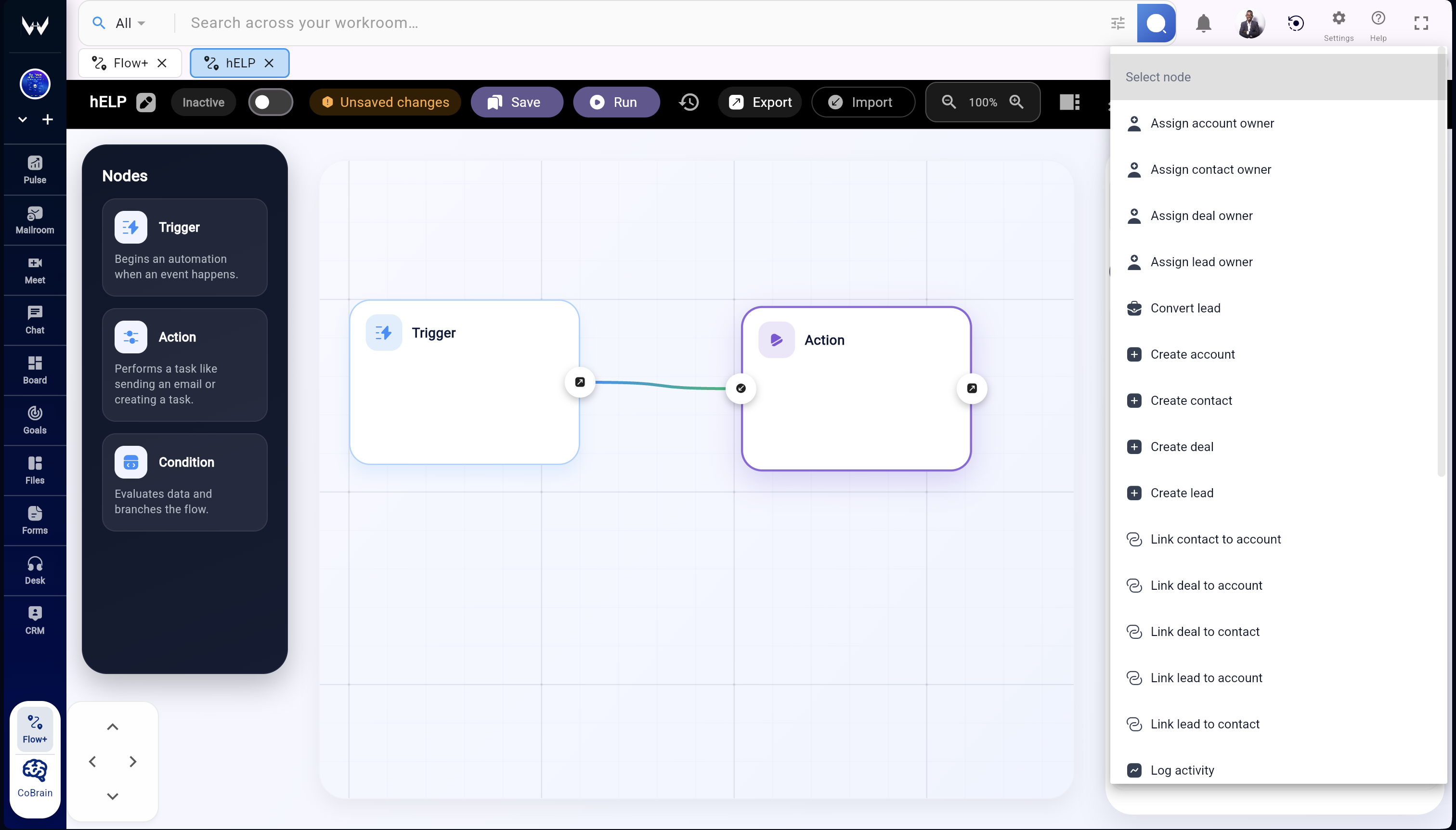 Connected Workroomly workflow showing chat threads linked to Boards CRM Desk Files Meet Forms Goals and Pulse