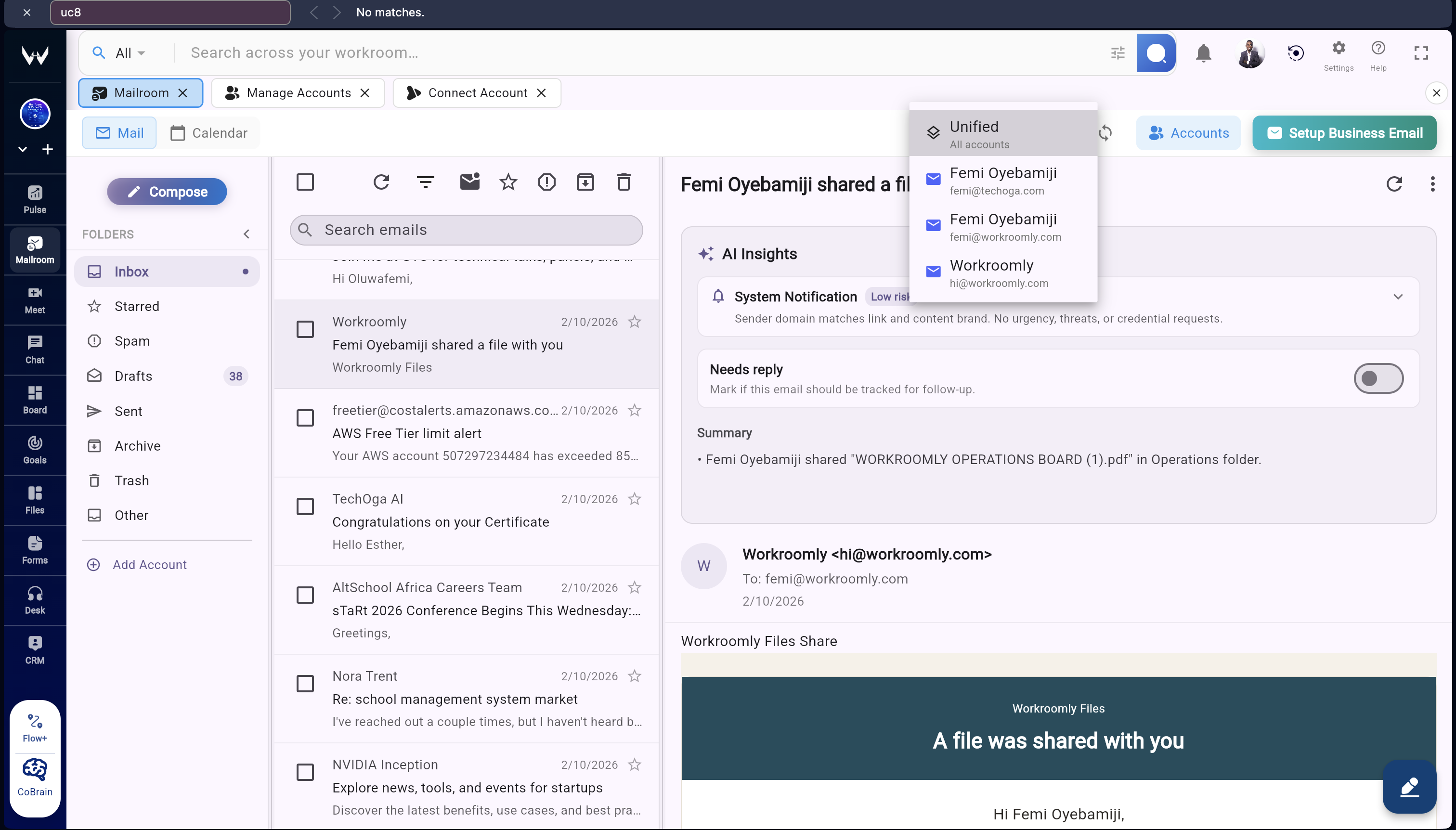 Unified Workroomly Inbox view with email conversations and calendar scheduling