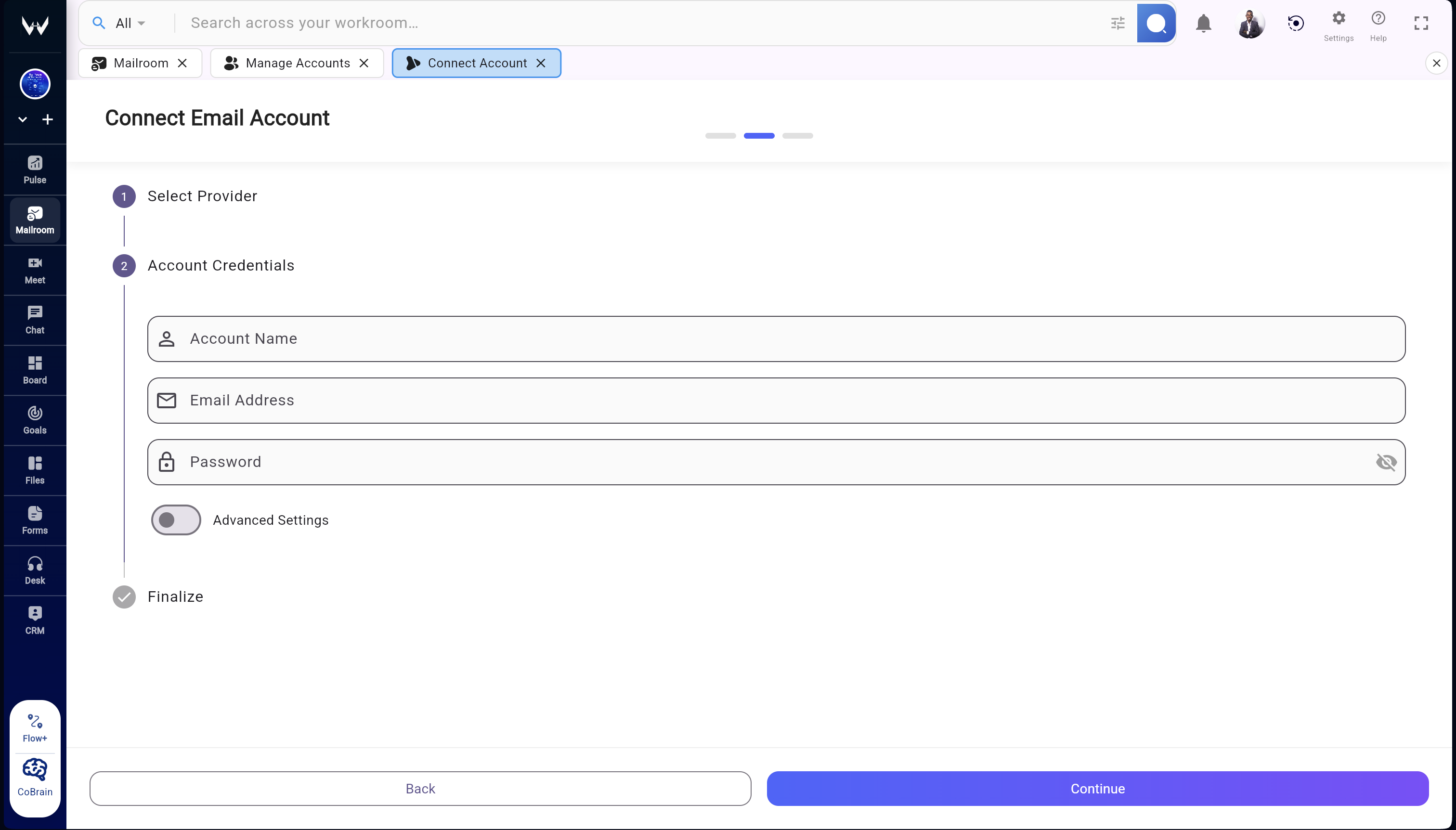 Threaded conversations and cross-account search in Workroomly Inbox