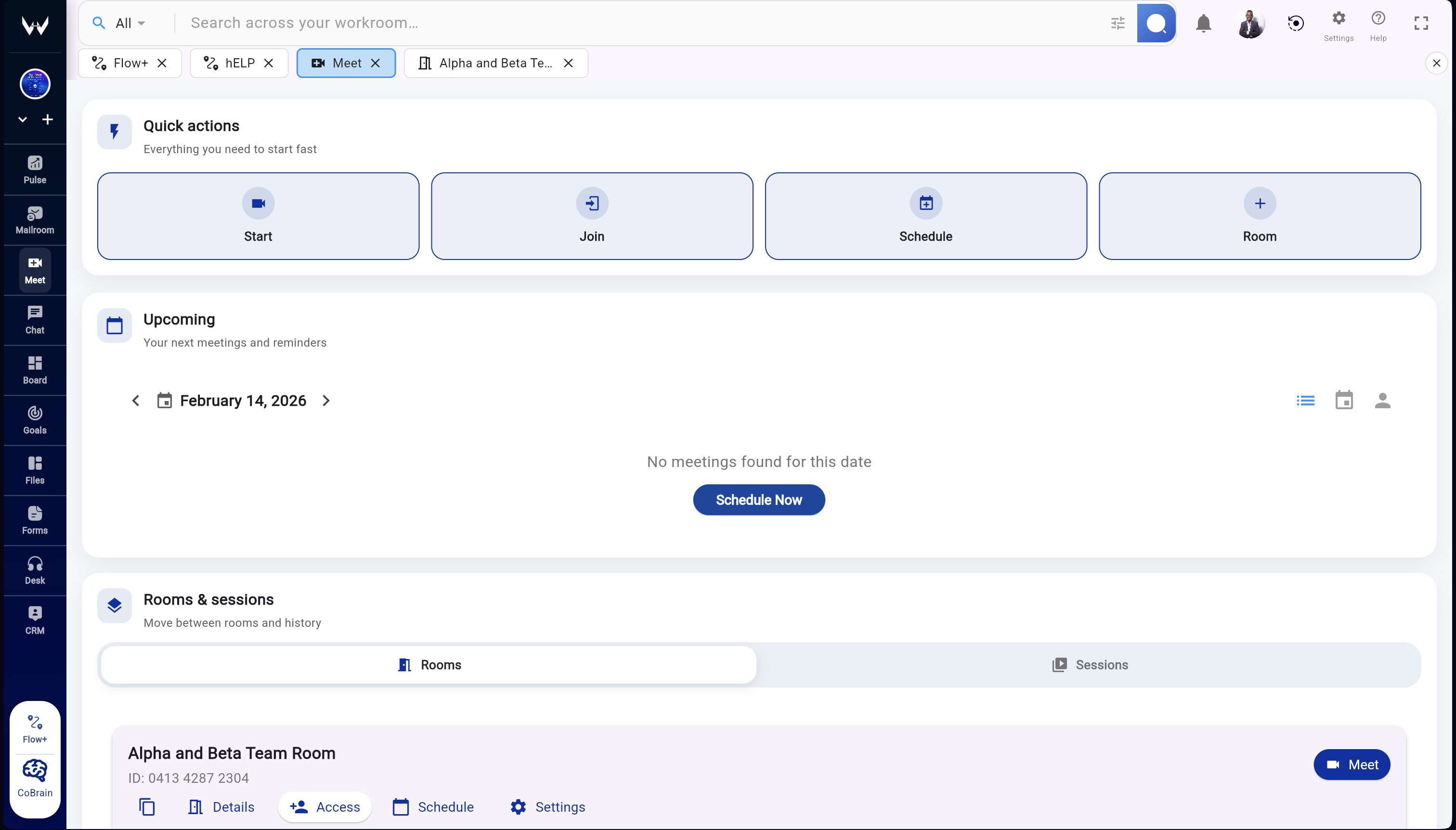 Native Workroomly Meet video environment with controls