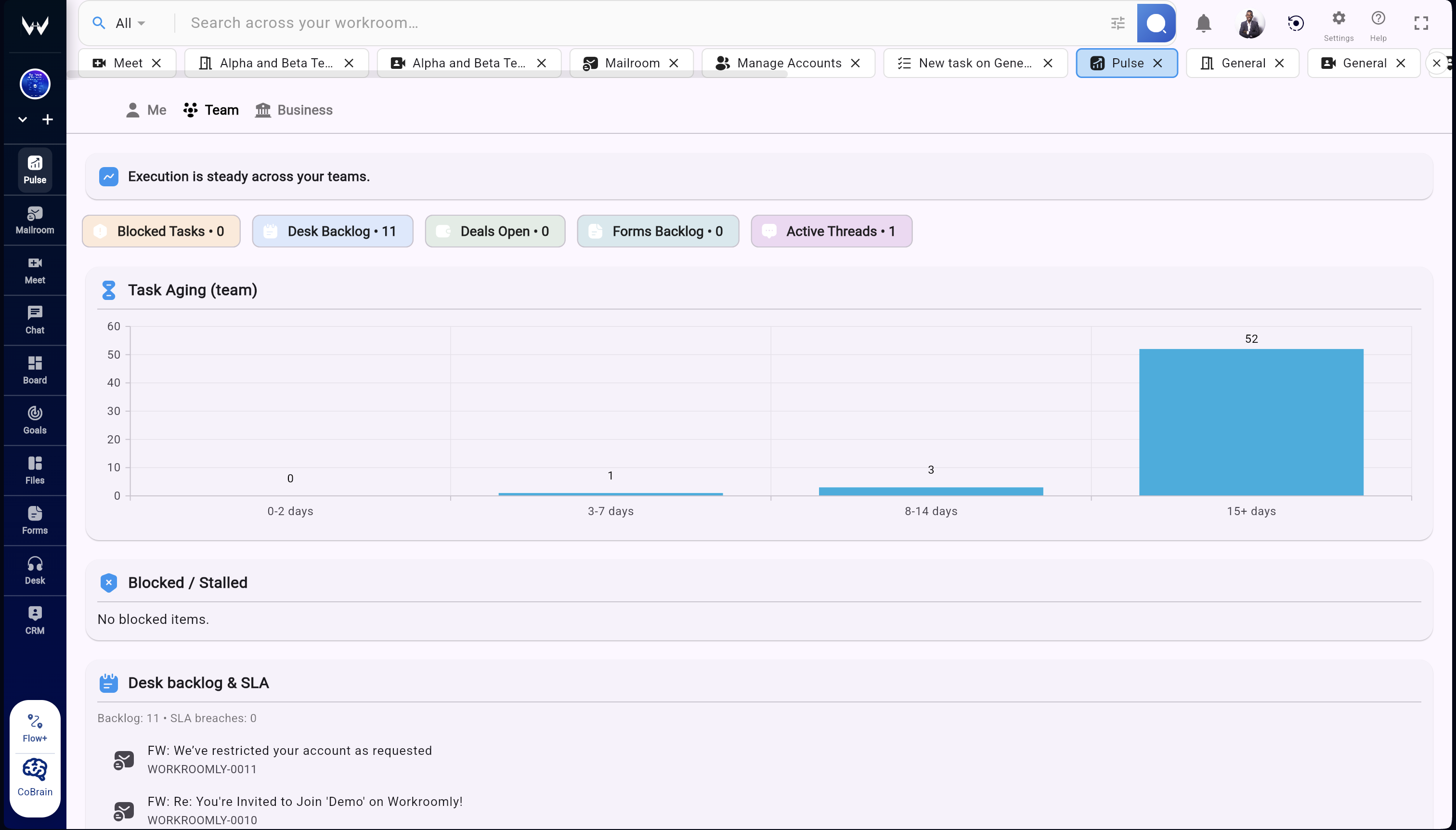 Unified Pulse timeline with cross-team updates from CRM, projects, and support